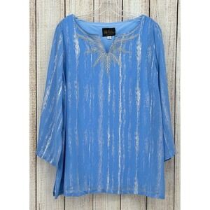 Bob Mackie Wearable Art Blue Tunic Top Size Medium Embroidered Silver Metallic